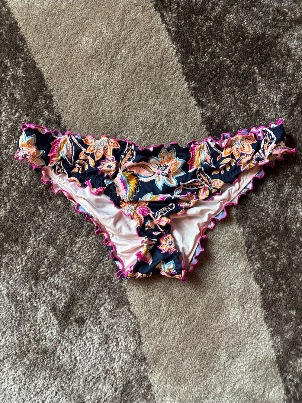 Shade & Shore Floral Bikini Bottoms in Navy with Pink Trim